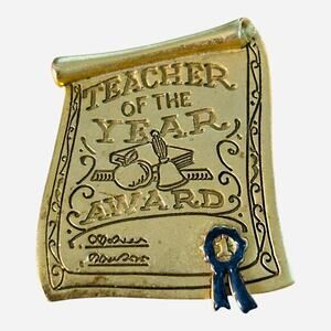 Vintage AJC Teacher Appreciation Gift Brooch Gold Tone Teacher of the Year Pin